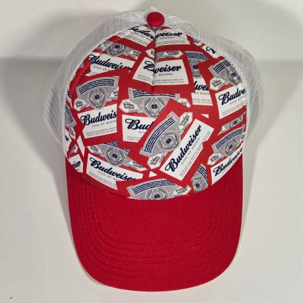 Budweiser King of Beers Trucker Hat Red White Label All Over Print Snapback Cap - Picture 2 of 6